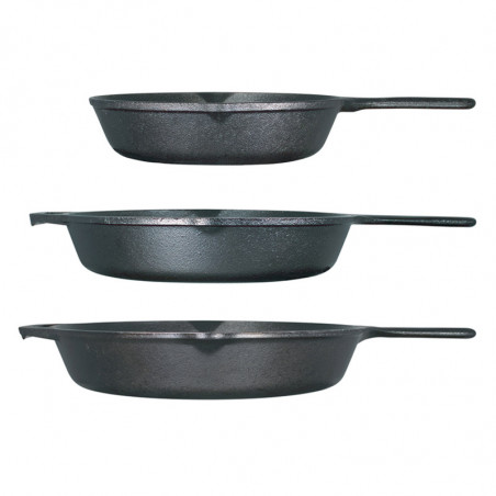 Set van 3 Lodge ijzeren koekenpannen zijaanzicht.