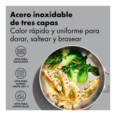 Sartén salteadora de acero inoxidable OXO Mira 24 cm con tapa
