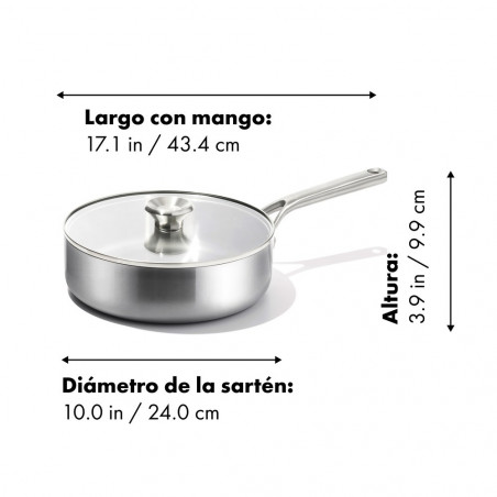 Medidas de la sartén sauté OXO Mira: 24 cm de diámetro y 43,4 cm de largo con mango