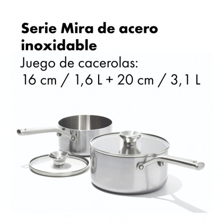 Conjunto de 2 caçarolas em aço inoxidável tripla camada com tampa OXO Mira 16 e 20 cm