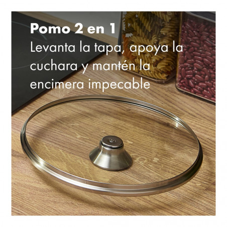 Pomo 2 en 1 de la tapa de la cacerola OXO, que sirve de apoyo para la cuchara