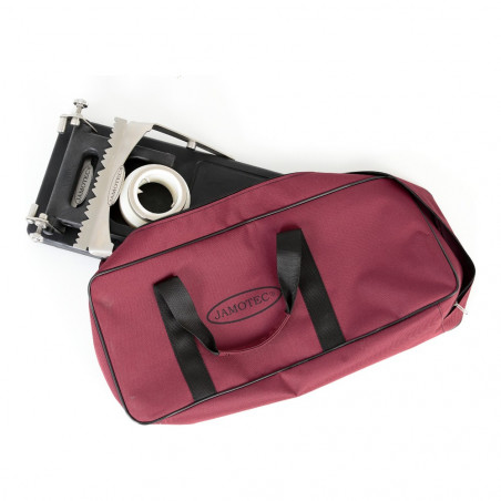 Jamotec JP Luxe plegado junto a su bolsa de transporte granate