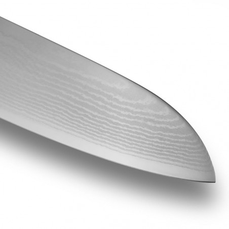 Pormenor da lâmina de damasco da santoku KAI Shun Classic e da sua ponta