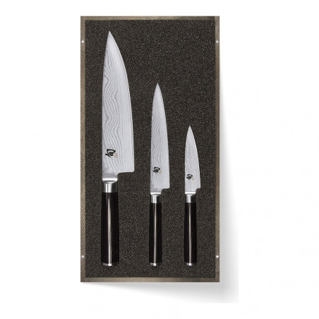 Set KAI Shun Classic de 3 couteaux en coffret en bois : chef 20 cm, utilitaire 15 cm et office 9 cm