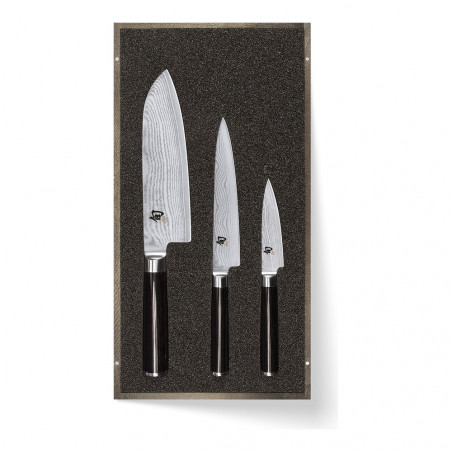 Set KAI Shun Classic de 3 couteaux en coffret en bois : santoku 18 cm, utilitaire 15 cm et office 9 cm