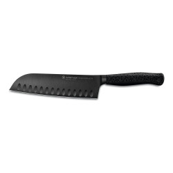 Faca santoku alveolada Wüsthof Performer de 17 cm com lâmina preta DLC e cabo Hexagon, vista lateral
