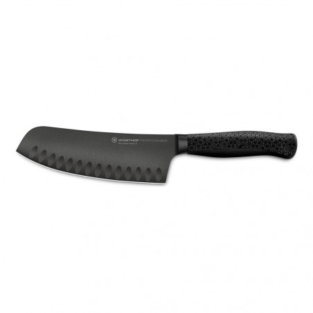Faca rotoku Wüsthof Performer de 17 cm com lâmina preta DLC alveolada e cabo Hexagon, vista lateral