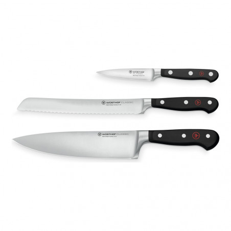 Wüsthof Classic Messerset, 3-teilig: Gemüsemesser 9 cm, Brotmesser 20 cm und Kochmesser 20 cm
