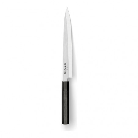 Yanagiba KAI Seki Magoroku Kinju 24 cm na vertical, com cabo hexagonal de madeira