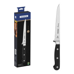 Cuchillo para deshuesar Tramontina Century 15,5 cm con hoja forjada y mango negro, junto a su estuche