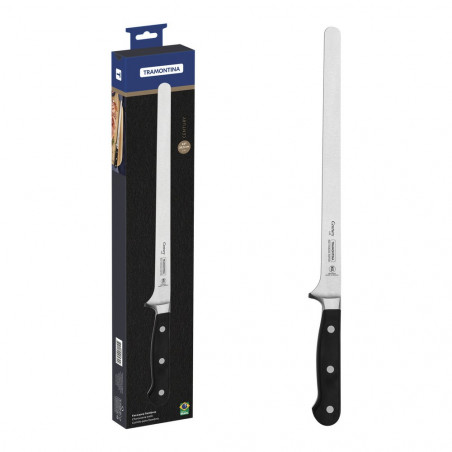 Hammes Tramontina Century 25,5 cm met gesmeed lemmet en zwart heft, naast het doosje