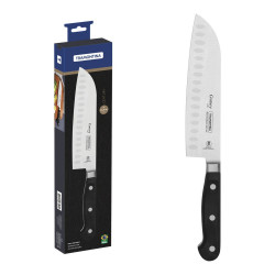 Cuchillo santoku Tramontina Century 18 cm con hoja alveolada y mango negro, junto a su estuche