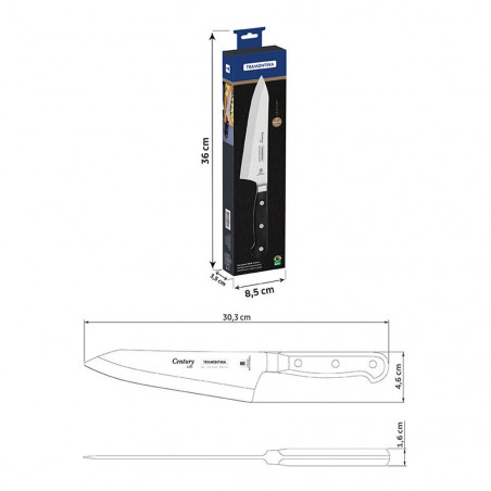 Medidas del cuchillo deba Tramontina Century: 30,3 cm de largo total y talón de 4,6 cm