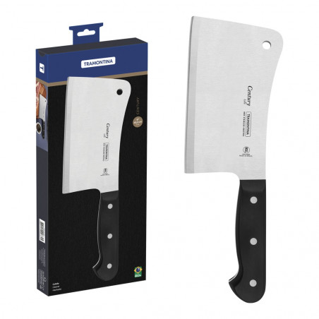 Hackbeil Tramontina Century 15 cm mit breiter Stahlklinge und schwarzem Griff, neben seinem Etui