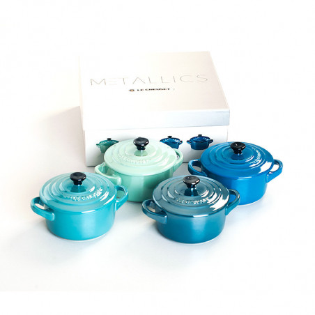 Mini cocottes metallics azules y verdes de Le Creuset