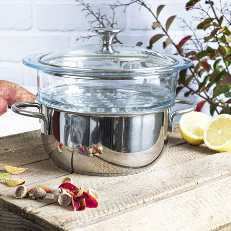 Système de cuisson à la vapeur avec casserole et panier, avec couvercle Cristel