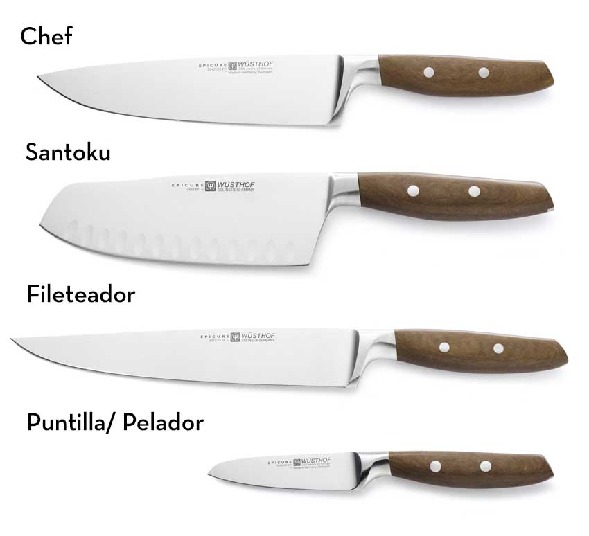 La serie Epicure de Wüsthof está compuesta por 4 diseños: Cuchillo Chef, Santoku, Fileteador y pelador o puntilla.