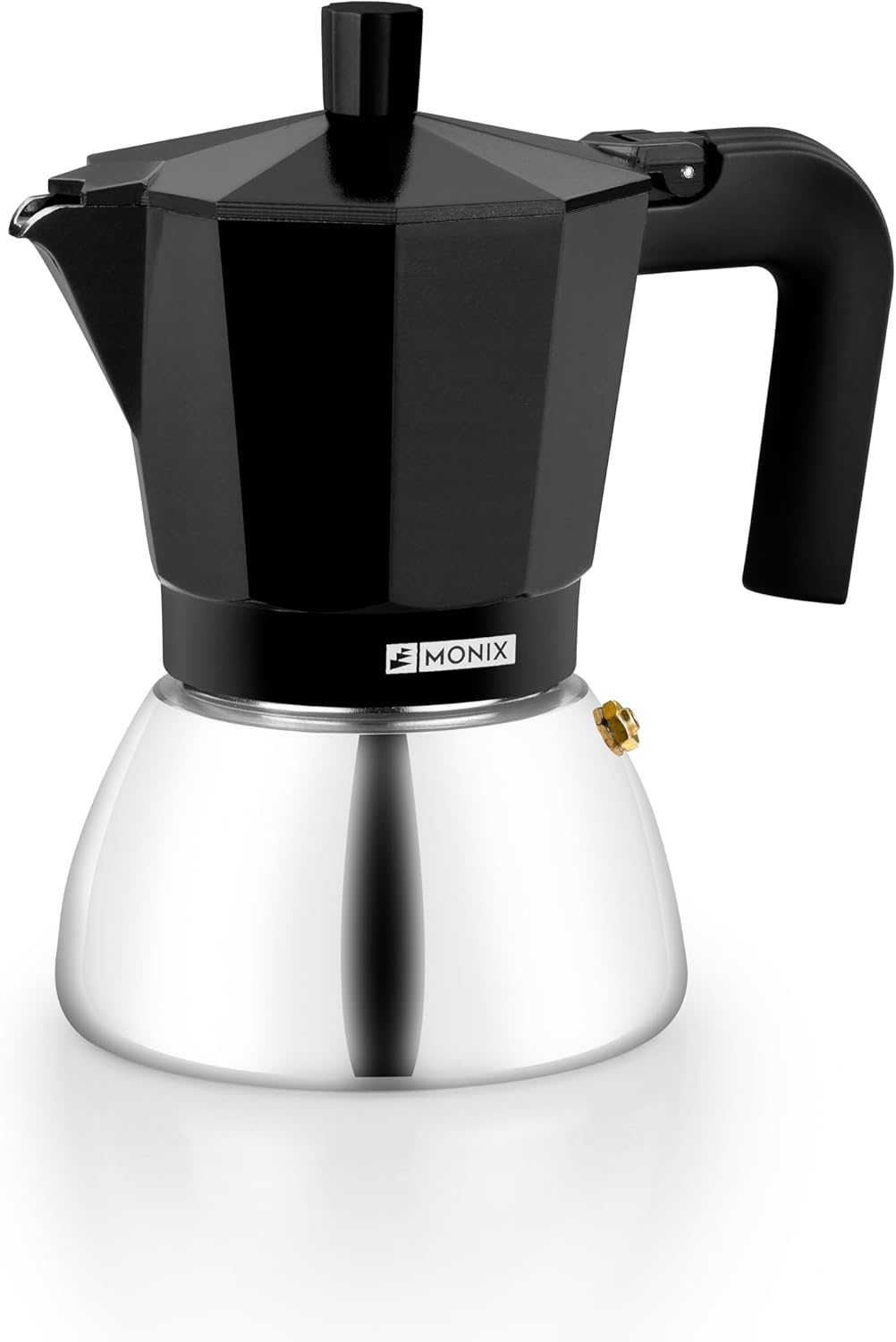 Cafetera italiana Monix Induction Inox de acero inoxidable con cuerpo negro, apta para inducción