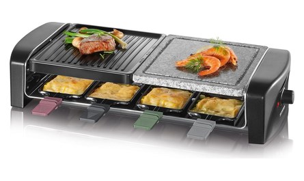 Raclette con piedra natural y plancha y sartenitas con queso