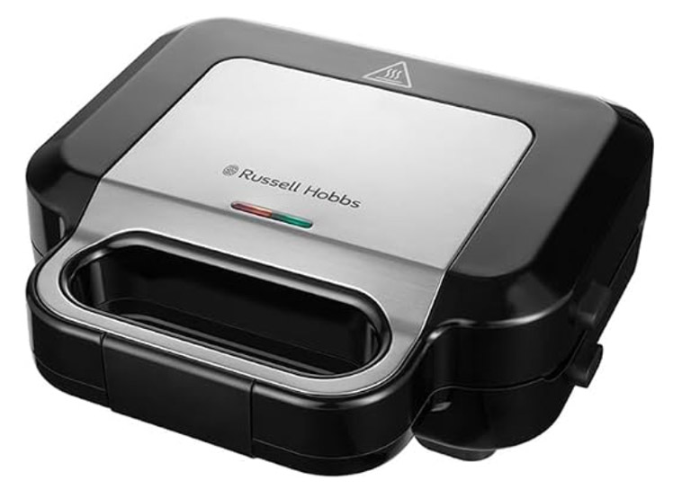 Sandwichera Russell Hobbs 3 en 1 26810-56 negra con tapa de acero inoxidable, cerrada, con pilotos en la tapa